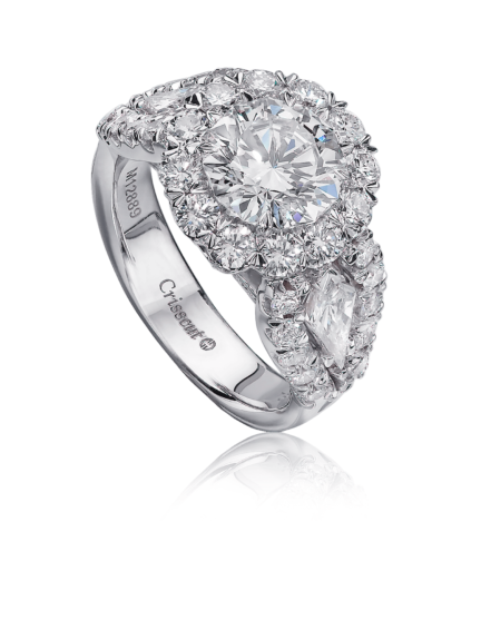 Round diamond halo engagement ring in white gold with unique side diamonds and round diamond setting