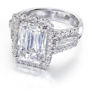 Classic Emerald Cut Halo Diamond Engagement Ring with Tapered Baguette Sides
