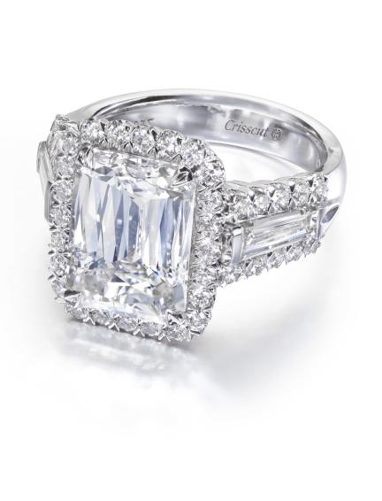 Classic emerald cut halo diamond engagement ring with tapered baguette sides