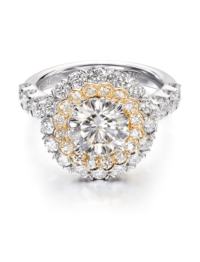 Double halo engagement ring with round diamond center set in yellow and white gold