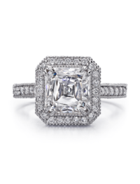 Asscher cut diamond engagement ring with pave set classic setting