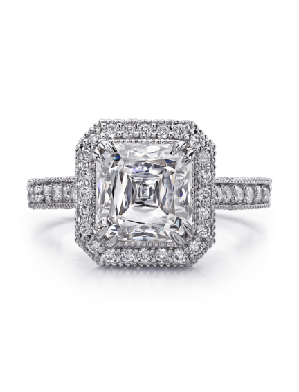 Asscher cut diamond engagement ring with pave set classic setting