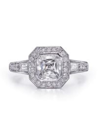 Vintage style asscher cut diamond engagement ring with halo and tapered baguette side diamonds