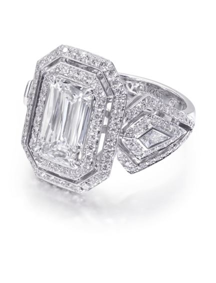 Vintage inspired emerald cut diamond engagement ring with deco design setting