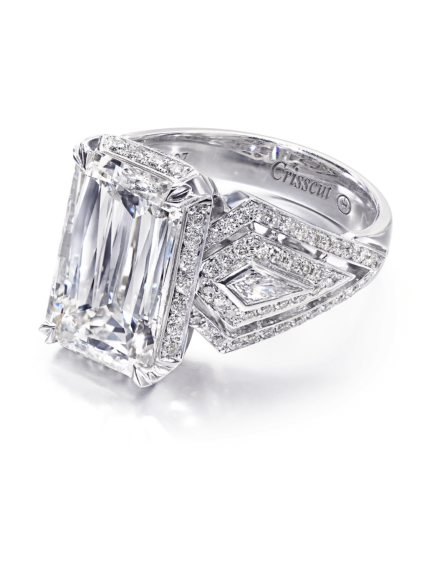 Unique engagement ring with emerald cut diamond and round diamond setting