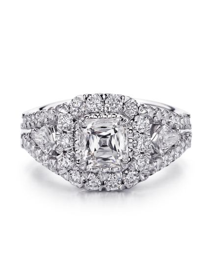 Unique engagement ring with halo, fancy cut and round cut diamonds in 18K white gold