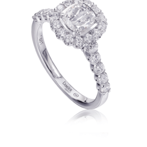 Classic Cushion Cut Diamond Engagement Ring with Halo and Round Diamond Setting in 18K White Gold