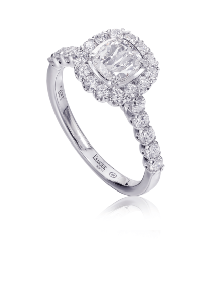 Classic cushion cut diamond engagement ring with halo and round diamond setting in 18K white gold
