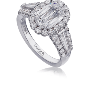 18K White Gold Diamond Engagement Ring with Halo and Tapered Baguettes