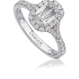 Delicate Diamond Engagement Ring with Halo and Pave Set Split Shank Set in 18K White Gold