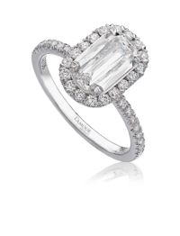 Classic diamond engagement ring with diamond set halo and shank set in 18K white gold