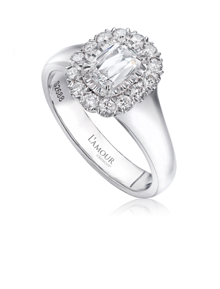 Simple diamond engagement ring with halo in 18K white gold