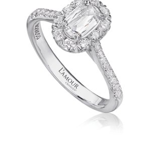 Romantic Diamond Engagement Ring with Diamond Set Halo and Sides Set in 18K White Gold