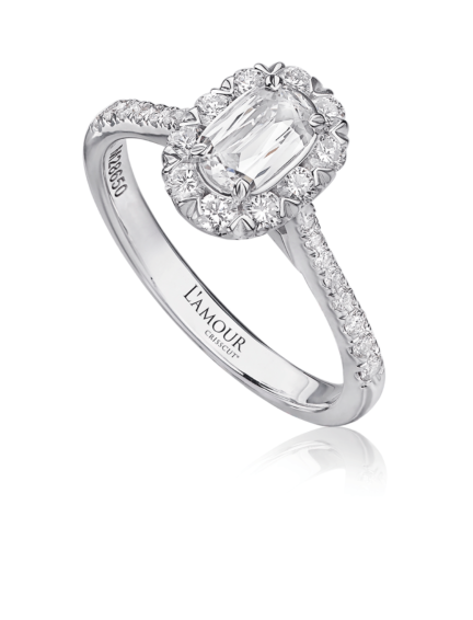 Romantic diamond engagement ring with diamond set halo and sides set in 18K white gold