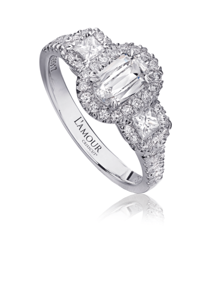 Halo engagement ring with princess cut side diamonds in white gold setting