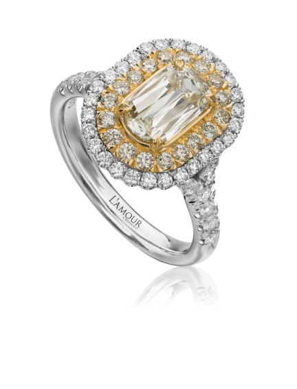 Unique yellow diamond engagement ring set in 18K yellow and white gold with double halo