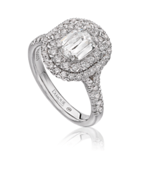 Stunning diamond engagement ring set in 18K white gold with double halo