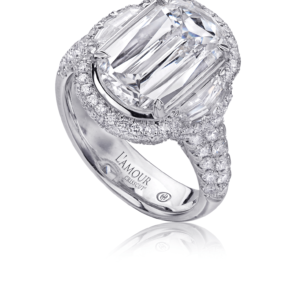 Impressive Diamond Engagement Ring in 18K White Gold with Unique Side Diamonds and Pave Setting