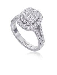 Double halo engagement ring set with round diamonds in white gold