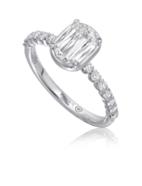 Simple diamond engagement ring with diamond set shank in 18K white gold