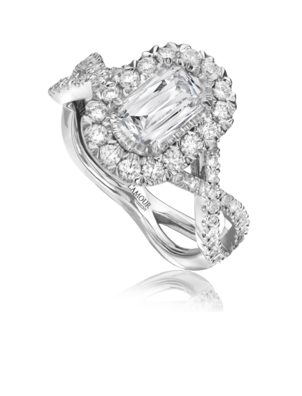18K white gold diamond engagement ring with woven pave set band and halo