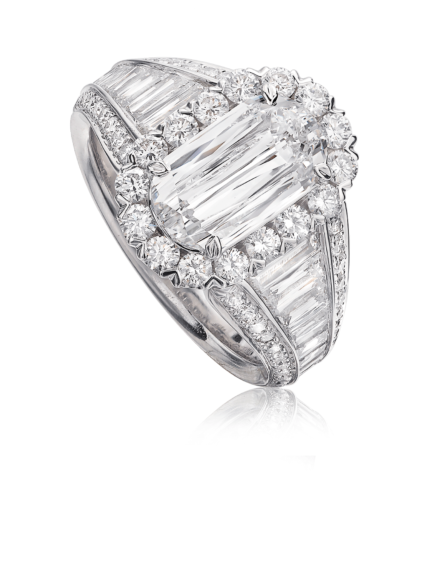 Extraordinary diamond engagement ring in 18K white gold with multiple tapered baguettes