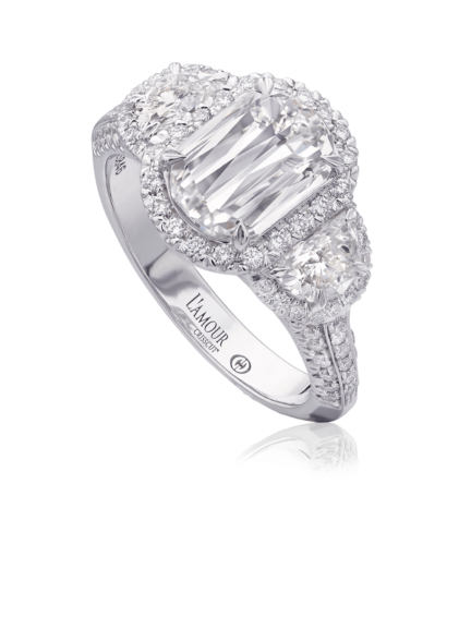 Impressive diamond engagement ring with unique half moon diamond sides and pave setting in 18K white gold