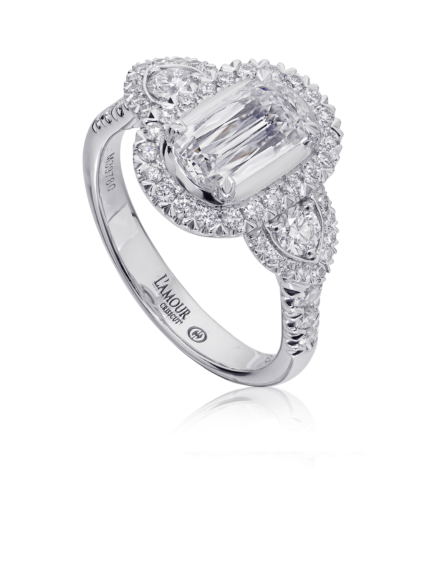 Unique diamond engagement ring in 18K white gold with round diamond sides