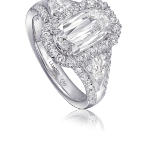 Deco Inspired Diamond Engagement Ring Set in 18K White Gold with Trapezoid Side Diamonds