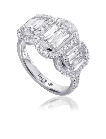 3 diamond engagement ring with round cut diamond setting in 18K white gold