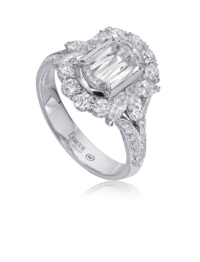 Vintage inspired diamond engagement ring with marquise side diamonds and pave setting