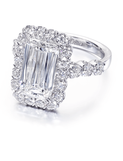 Simple emerald cut diamond engagement ring with round diamond setting