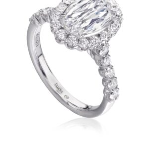 Classic Design Oval Diamond Engagement Ring in 18K White Gold with a Halo and Diamond Sides
