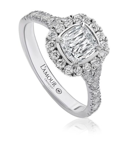 Cushion cut engagement ring with classic halo setting