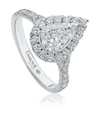 Pear shaped diamond engagement ring with halo and pave set diamond split shank