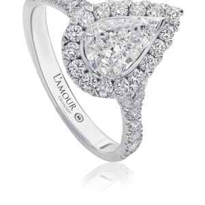 Pear Shaped Diamond Engagement Ring with Halo and Pave Set Diamond Split Shank