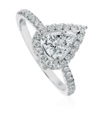 Pear shaped engagement ring with classic halo design in white gold