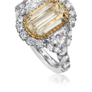 Yellow Diamond Engagement Ring Set in 18K Yellow and White Gold with Halo and Unique Side Diamonds