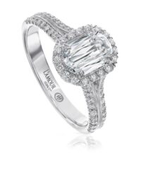Halo diamond engagement ring with round cut diamond split shank in 18K white gold