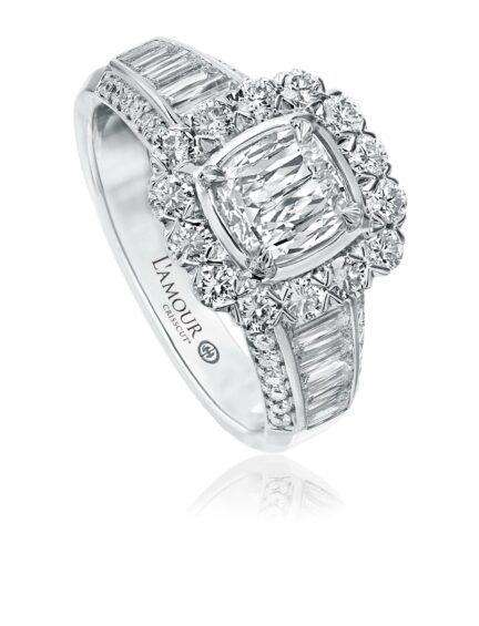 Unique diamond engagement ring with cushion cut diamond center