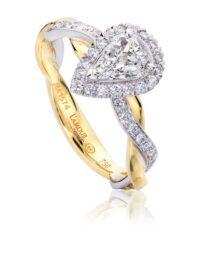 Pear shaped engagement ring with halo design and two toned gold twist band