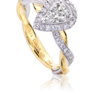 Pear Shaped Engagement Ring with Halo Design and Two Toned Gold Twist Band
