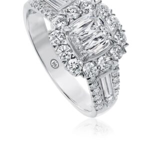 Halo Engagement Ring with Cushion Cut Diamond with Baguette and Round Diamond Sides