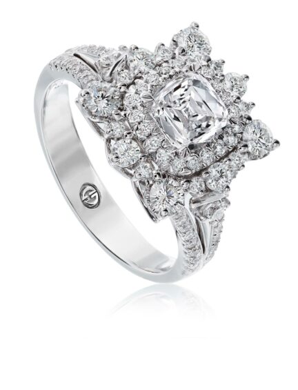 Vintage inspired unique engagement ring with cushion cut diamond center in 18K white gold