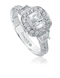 Vintage inspired cushion cut diamond engagement ring in white gold