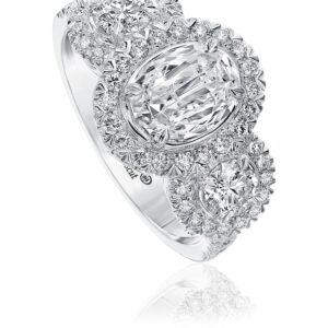 Oval Cut Engagement Ring with Round Diamond Sides and Halo Design Setting