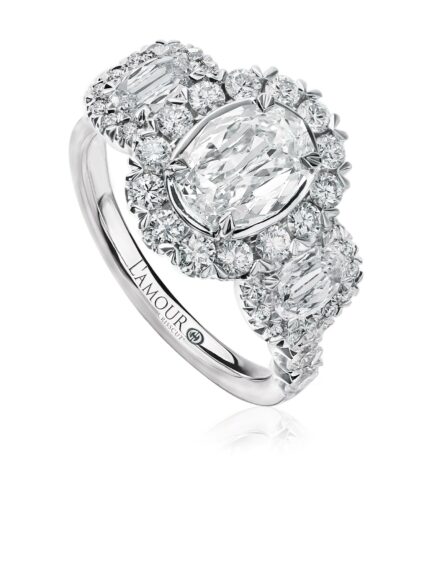 3 stone oval halo engagement ring in 18K white gold