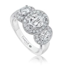 3 stone oval halo engagement ring in 18K white gold with milligrain edge design
