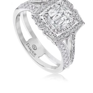 Unique Halo Engagement Ring with Cushion Cut Diamond with Split Shank Design