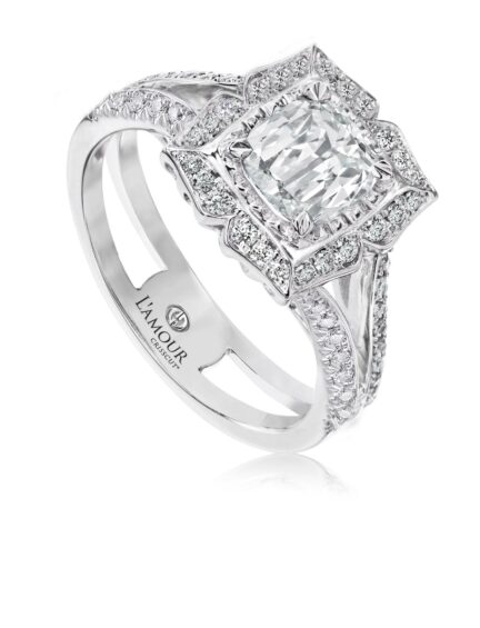 Unique halo engagement ring with cushion cut diamond with split shank design